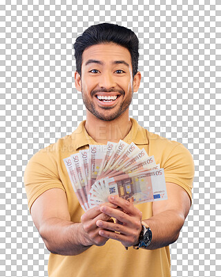 Buy stock photo Happy asian man, portrait and money for savings, winning lottery or finance isolated on a transparent PNG background. Male person with cash fan or bills in financial freedom, profit or investment