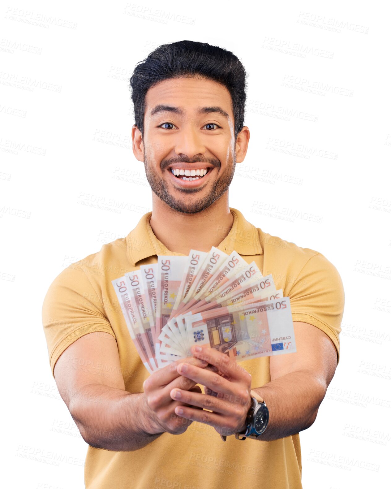 Buy stock photo Happy asian man, portrait and money for savings, winning lottery or finance isolated on a transparent PNG background. Male person with cash fan or bills in financial freedom, profit or investment