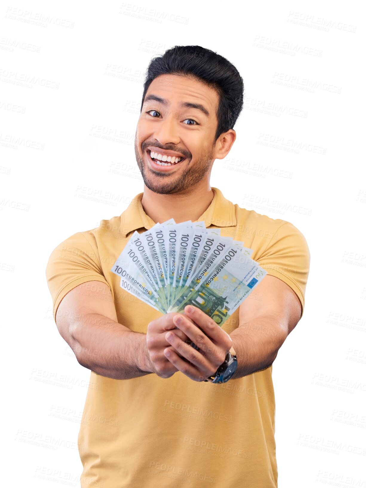 Buy stock photo Asian man, portrait and money fan in winning, finance or savings isolated on a transparent PNG background. Male person with cash flow, paper or bills in financial freedom, profit or investment growth