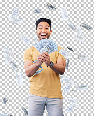 Buy stock photo Happy asian man, portrait and money rain in celebration or winning isolated on a transparent PNG background. Male person smile for cash flow, paper or bills in financial freedom, profit or investment