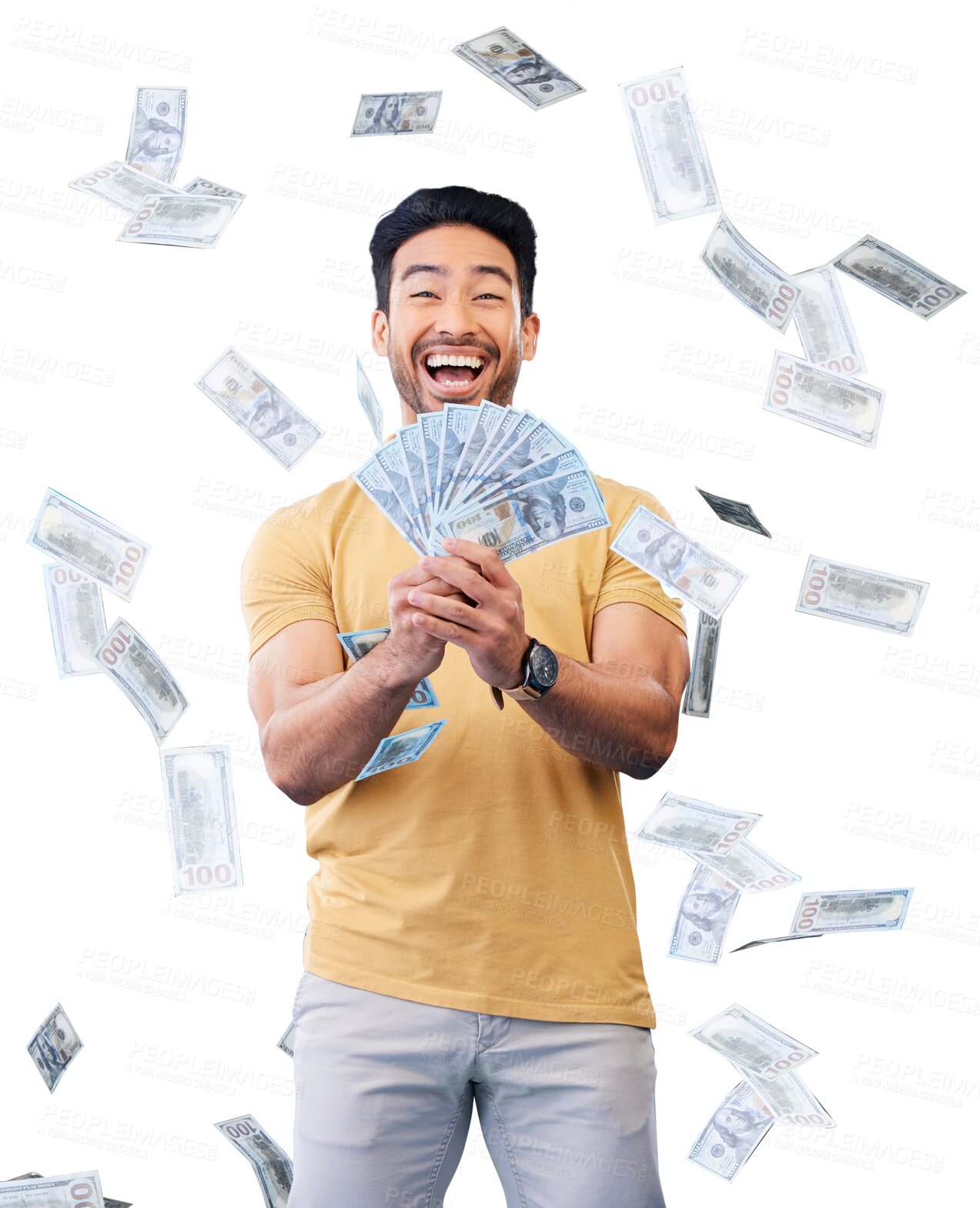 Buy stock photo Happy asian man, portrait and money rain in celebration or winning isolated on a transparent PNG background. Male person smile for cash flow, paper or bills in financial freedom, profit or investment