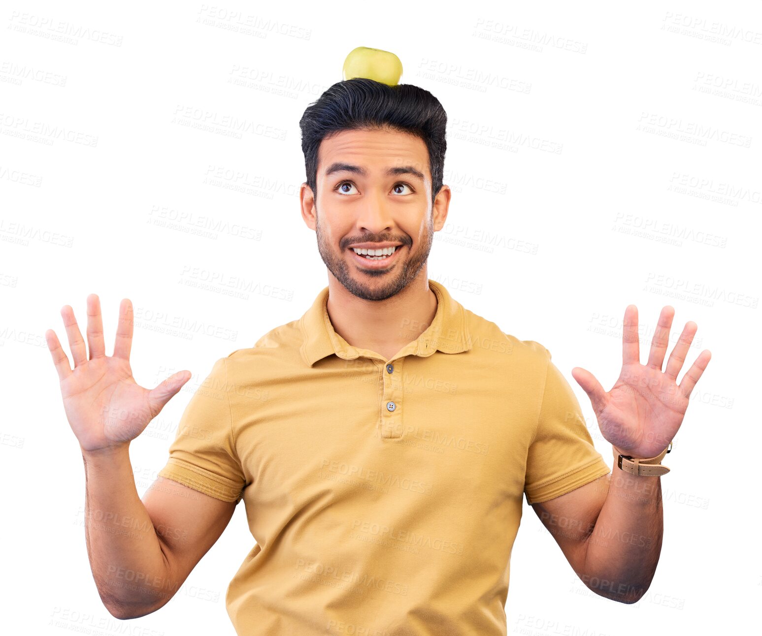 Buy stock photo Funny, man and balance apple on head for comedy, trick or performance on isolated, transparent or png background. Happy, comic and person balancing fruit on hair for healthy, diet or nutrition