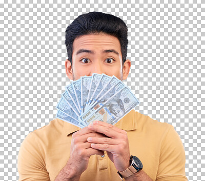 Buy stock photo Asian man, portrait and money in finance, lottery or savings isolated on a transparent PNG background. Male person with cash fan, secret or surprise bills in financial freedom, profit or investment