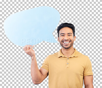 Buy stock photo Man, speech bubble and portrait with smile for social media, opinion and comment on isolated, transparent or png background. Poster, sign and Indian student with billboard, mockup space and speech