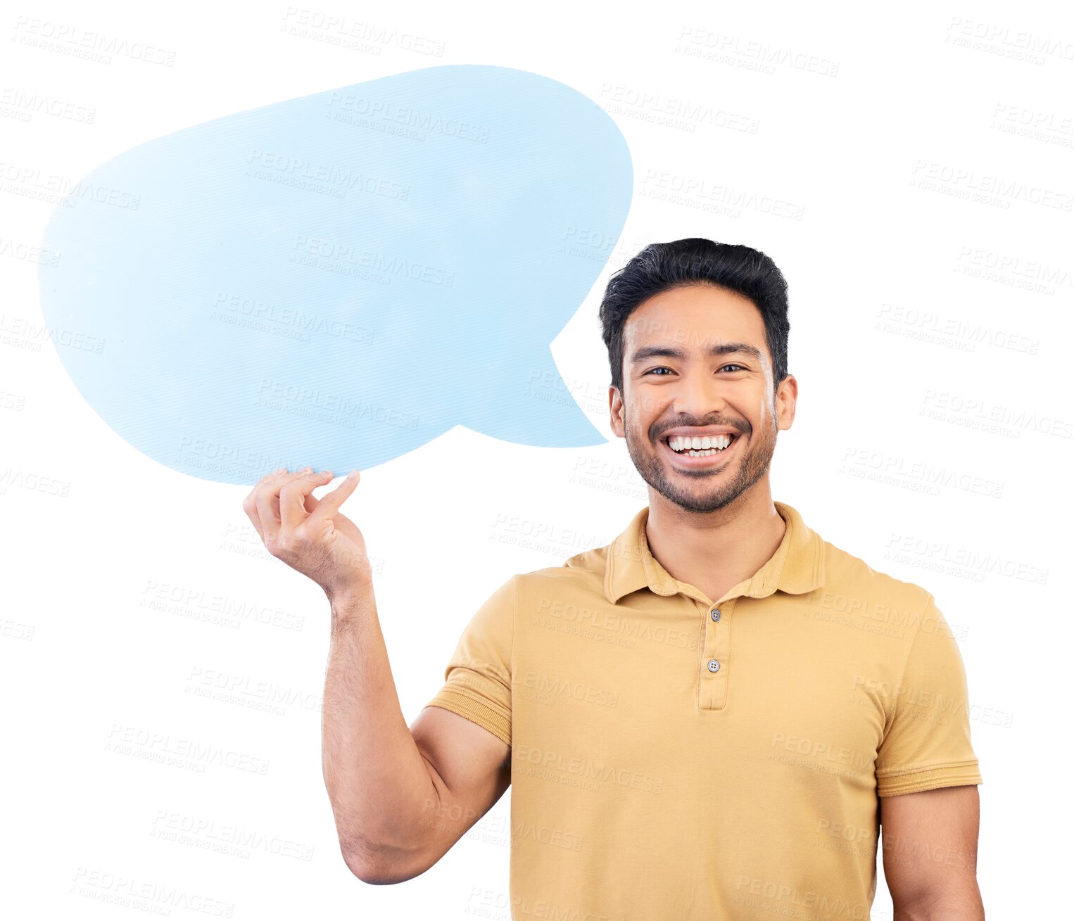 Buy stock photo Man, speech bubble and portrait with smile for social media, opinion and comment on isolated, transparent or png background. Poster, sign and Indian student with billboard, mockup space and speech