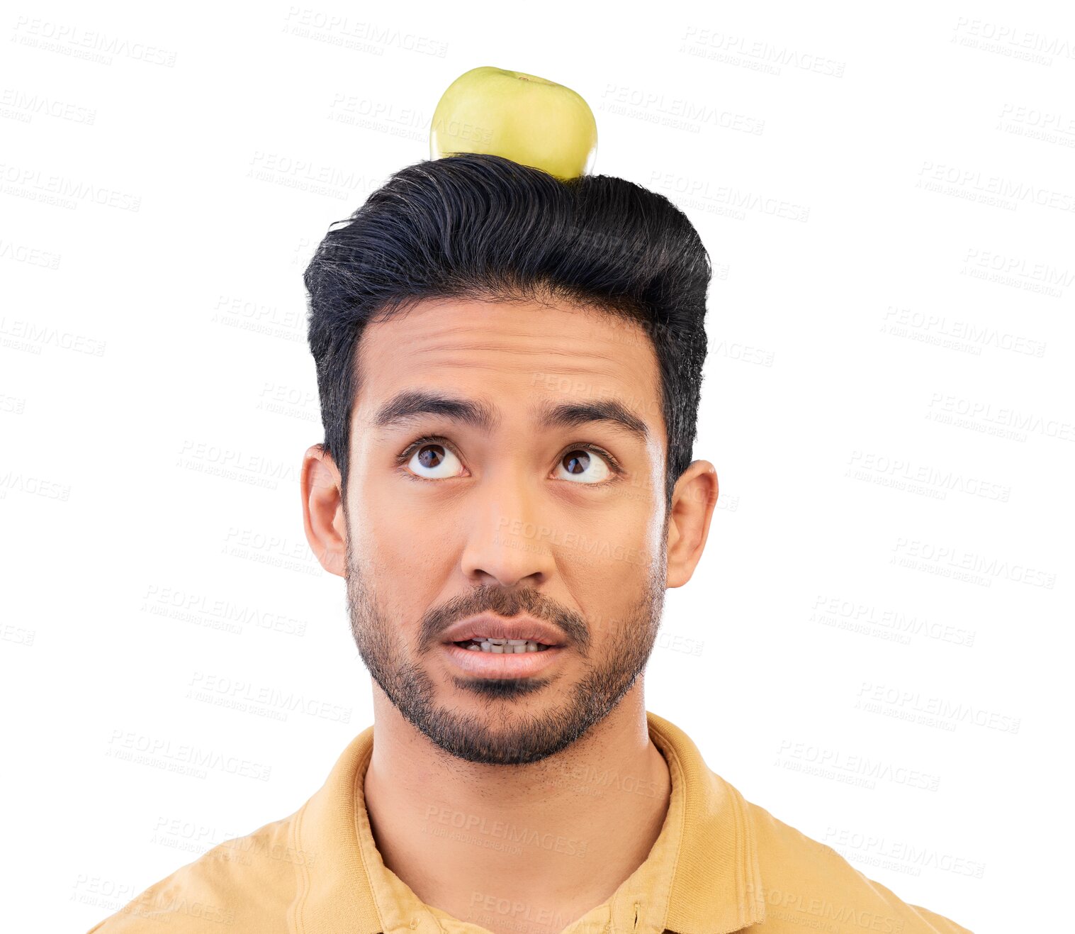 Buy stock photo Man, thinking and balance apple on head for trick and wellness on isolated, transparent or png background. Healthy, diet and asian person balancing fruit on hair with natural or organic nutrition