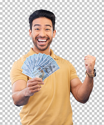 Buy stock photo Excited asian man, portrait and money with fist pump in winning or lottery isolated on a transparent PNG background. Happy male person smile with cash fan in celebration, profit growth or investment