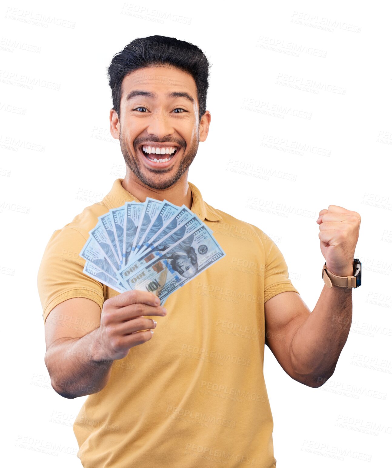 Buy stock photo Excited asian man, portrait and money with fist pump in winning or lottery isolated on a transparent PNG background. Happy male person smile with cash fan in celebration, profit growth or investment