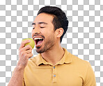 Hand, man eating an apple and against a blue background for heal