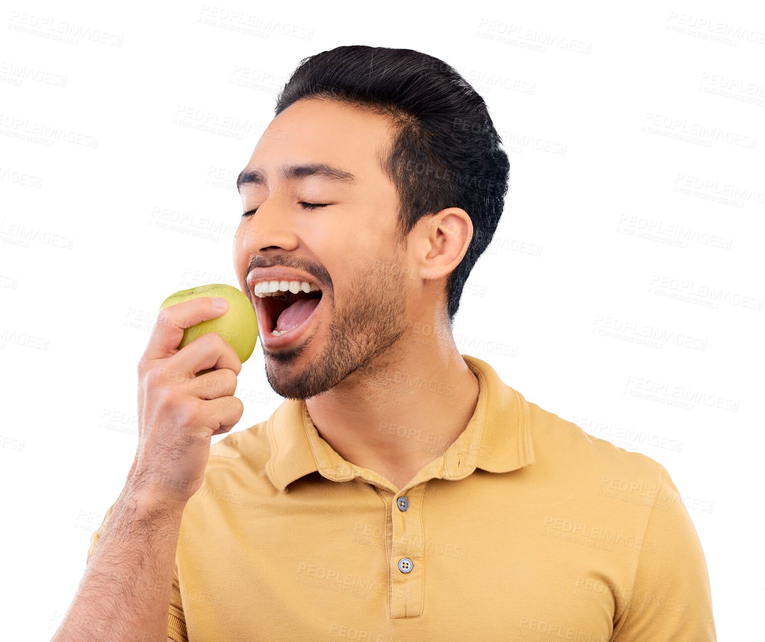 Buy stock photo Young man, apple and eating with healthy food for nutrition, detox and wellness isolated on transparent png background. Asian person bite green fruit for healthcare, organic lunch and vegan choice