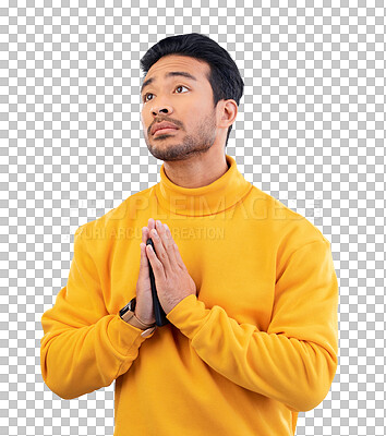 Buy stock photo Peace, praying and young man with religion for worship, forgiveness or spiritual wellness for belief. Faith, compassion and young male model with hands emoji isolated by transparent png background.