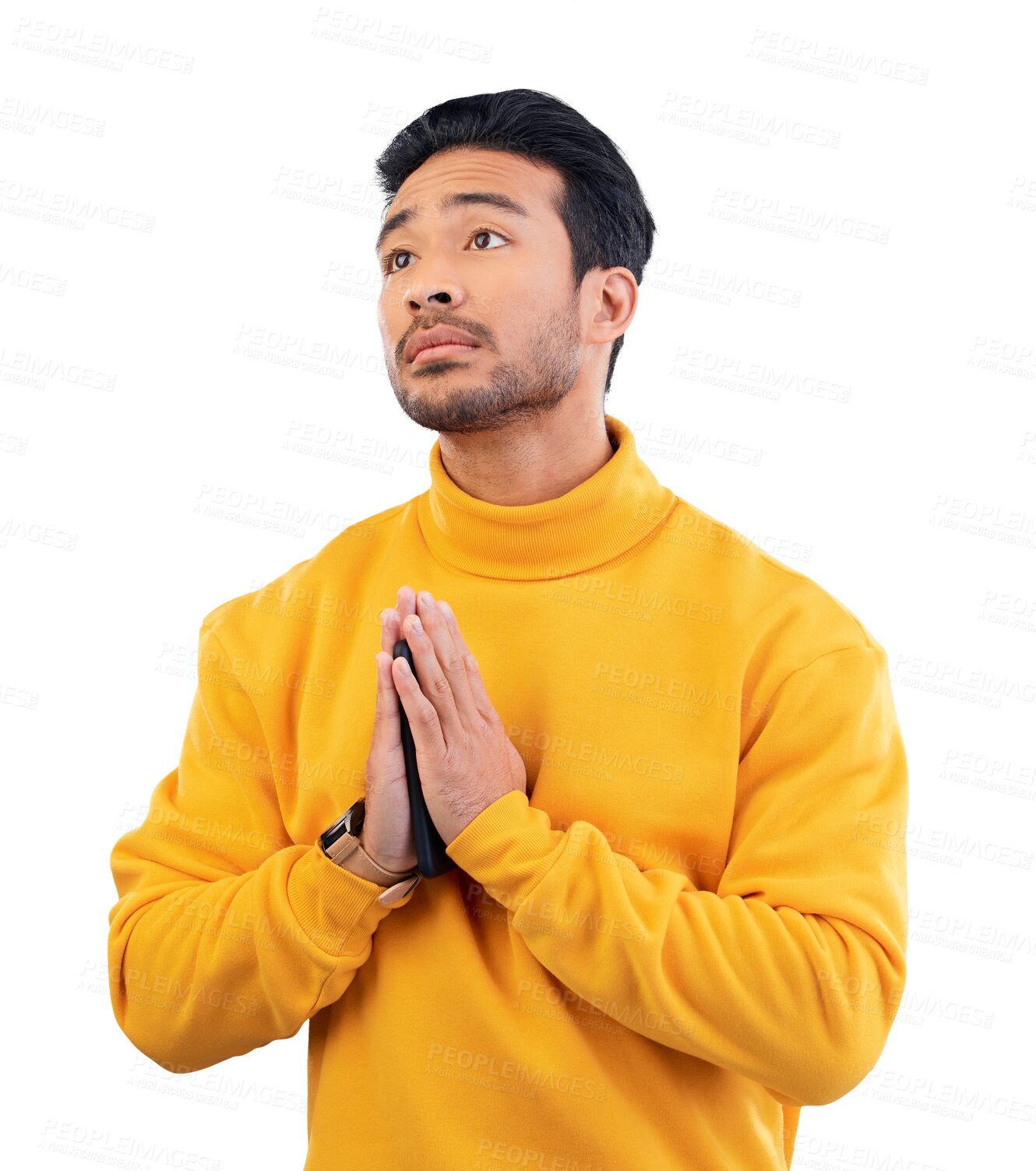 Buy stock photo Peace, praying and young man with religion for worship, forgiveness or spiritual wellness for belief. Faith, compassion and young male model with hands emoji isolated by transparent png background.