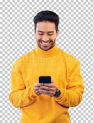 Buy stock photo Man, happy and phone on social media, fashion news or communication, chat and information. Person smile or typing on mobile for winter deal, discount or sale isolated on transparent png background