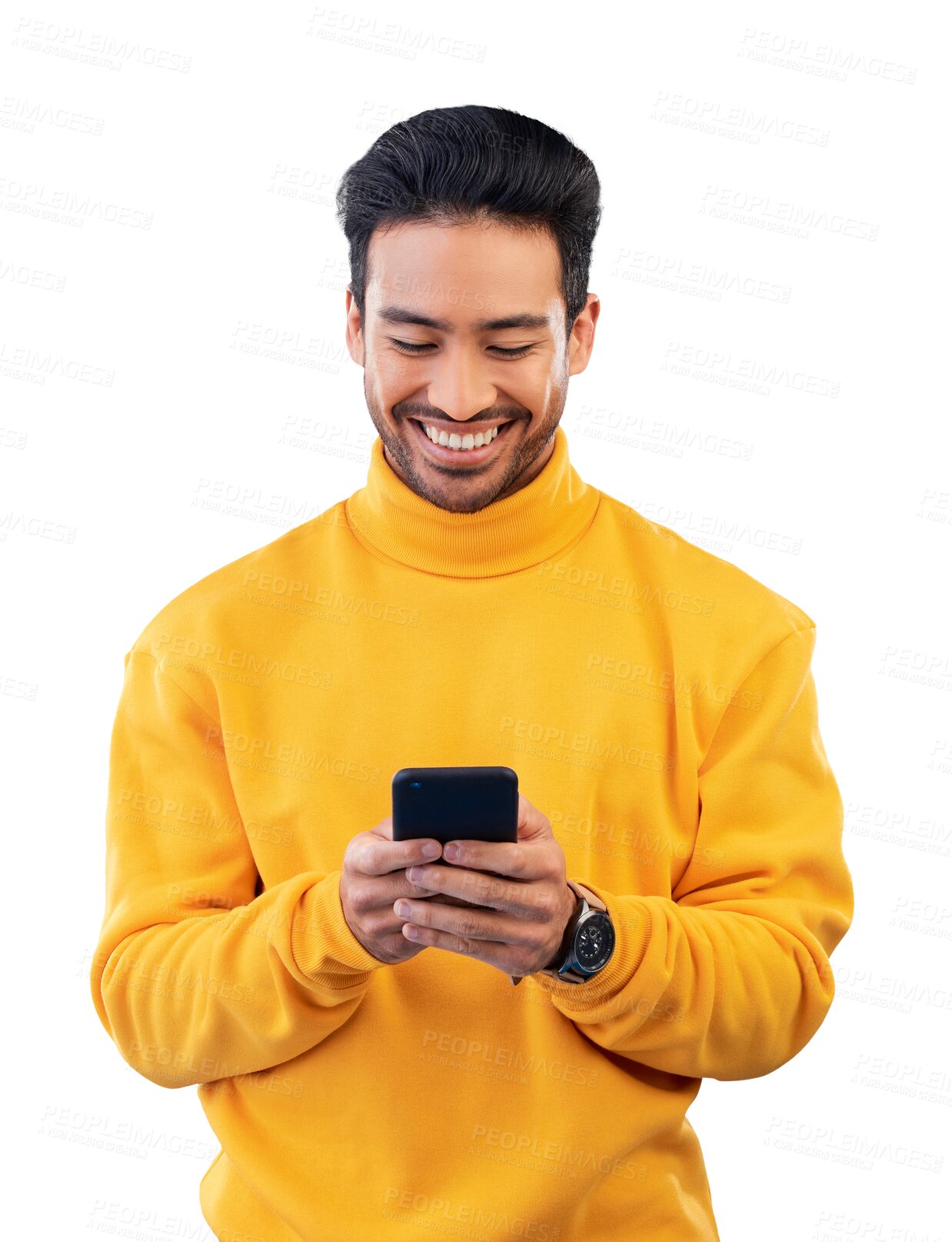 Buy stock photo Man, happy and phone on social media, fashion news or communication, chat and information. Person smile or typing on mobile for winter deal, discount or sale isolated on transparent png background