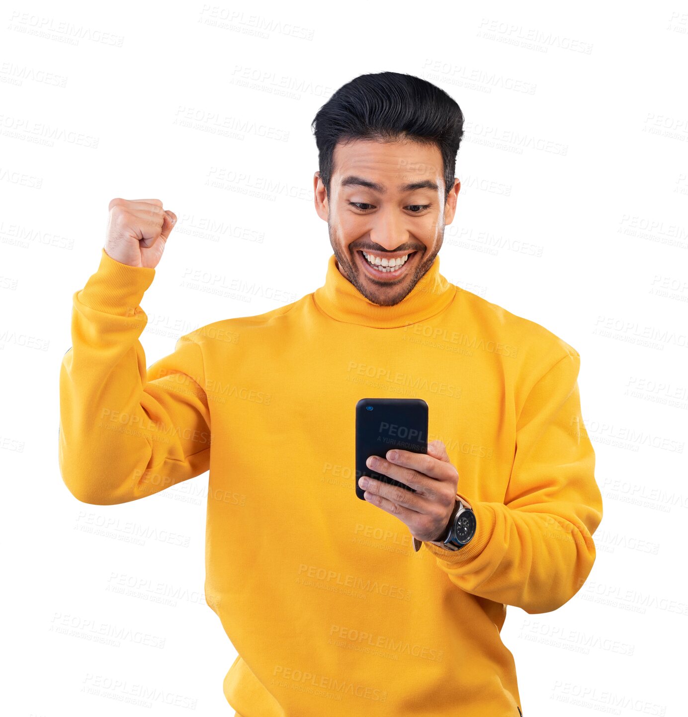 Buy stock photo Winner, surprise and excited man with phone for celebration of bonus achievement, competition and prize. Success, smartphone and happy person isolated on a transparent png background for promotion