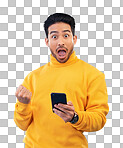 Winner, surprise and portrait of Asian man with phone in studio