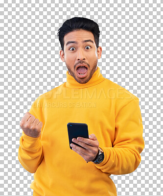 Buy stock photo Winner, wow and portrait of man with phone for celebration of achievement, competition and prize. Success, surprise and face of person on mobile isolated on a transparent png background for promotion