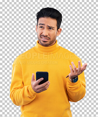 Buy stock photo Man, confused student and phone for questions, language and translation doubt or college website. Asian person thinking, education choice or decision on mobile isolated on transparent png background