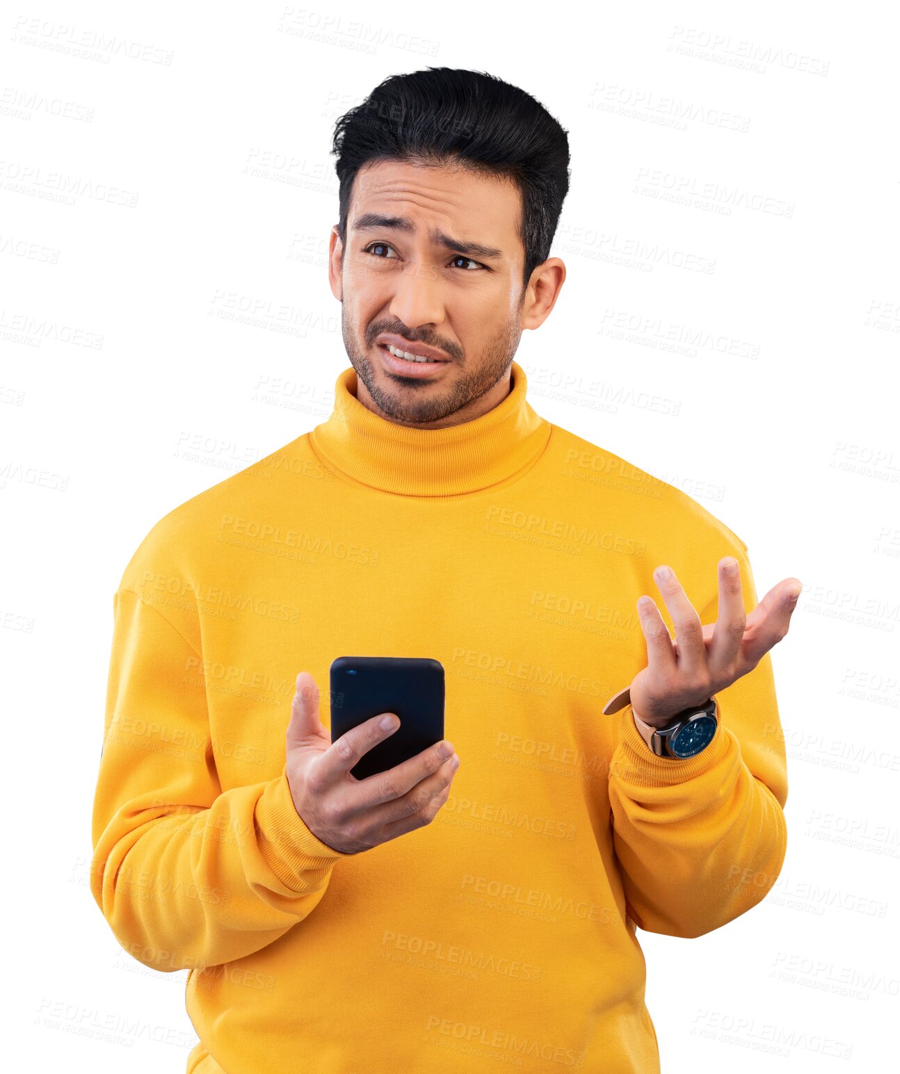 Buy stock photo Man, confused student and phone for questions, language and translation doubt or college website. Asian person thinking, education choice or decision on mobile isolated on transparent png background