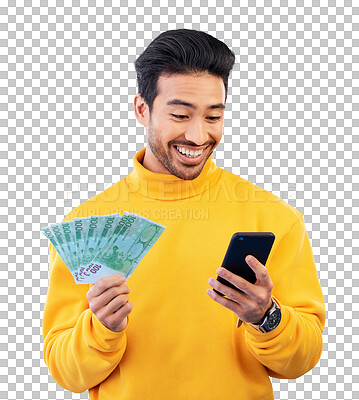 Buy stock photo Money winner, smile and man on smartphone for bonus achievement, lottery prize and investment. Success, phone and person with cash, financial freedom or loan isolated on a transparent png background