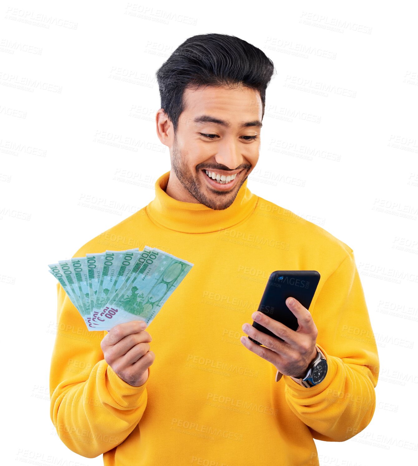 Buy stock photo Money winner, smile and man on smartphone for bonus achievement, lottery prize and investment. Success, phone and person with cash, financial freedom or loan isolated on a transparent png background