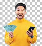 Winner, money and portrait of Asian man with phone in studio for
