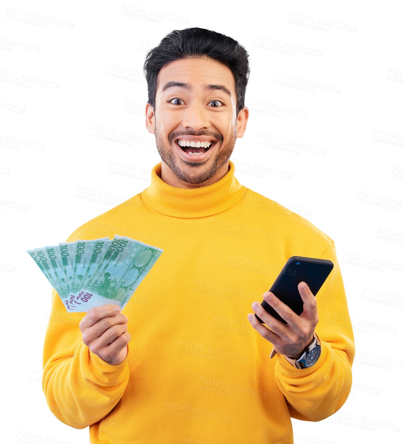 Buy stock photo Happy asian man, money and phone in winning, lottery or celebration isolated on a transparent PNG background. Portrait of male person smile with cash for payment, investment or banking on smartphone