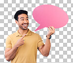 Pointing, speech bubble and thinking Asian man for communication