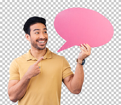 Buy stock photo Man, speech bubble and pointing with smile for social media, opinion and comment on isolated, transparent or png background. Poster, sign and Indian student with billboard, mockup space and feedback