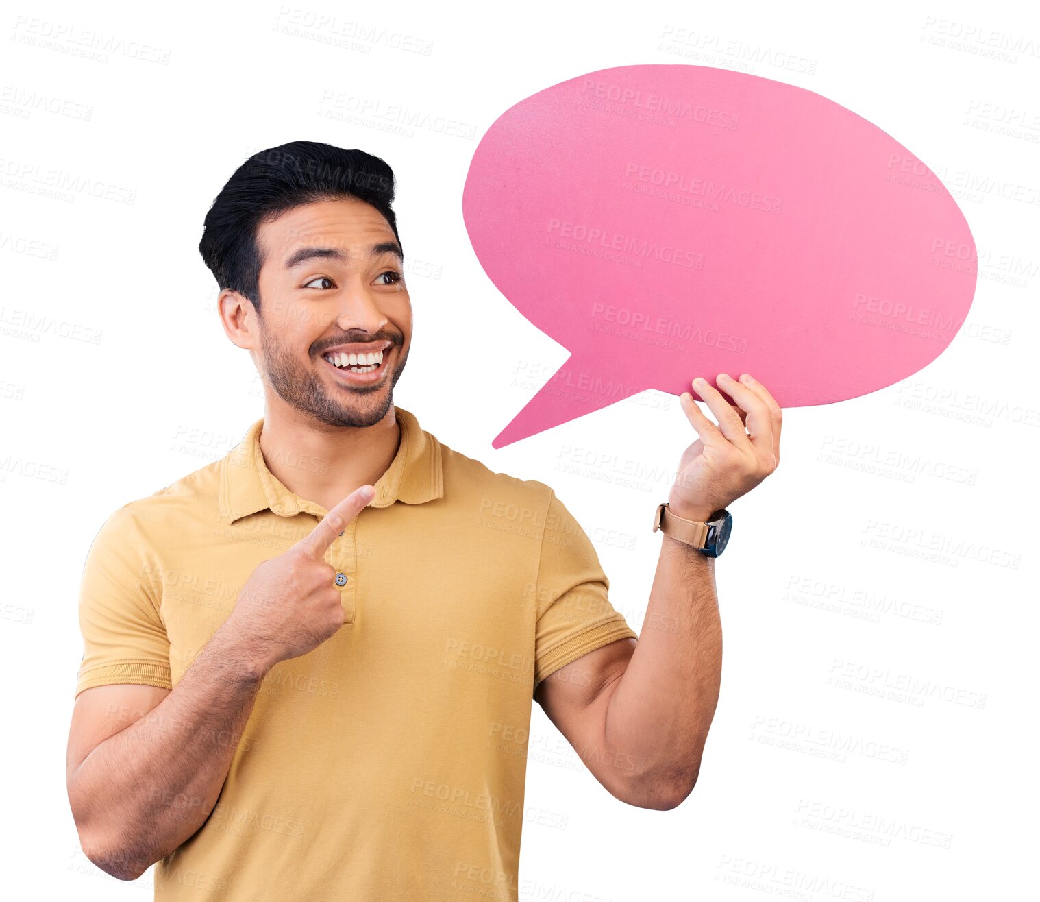 Buy stock photo Man, speech bubble and pointing with smile for social media, opinion and comment on isolated, transparent or png background. Poster, sign and Indian student with billboard, mockup space and feedback