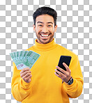 Success, money and portrait of Asian man with phone in studio fo