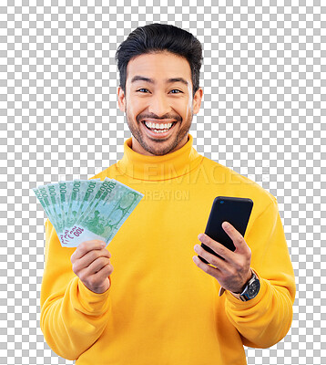 Buy stock photo Man with cash fan, smartphone and bank app with prize, winning and success isolated on png transparent background. Social media giveaway, money and financial freedom, Asian winner happy in portrait