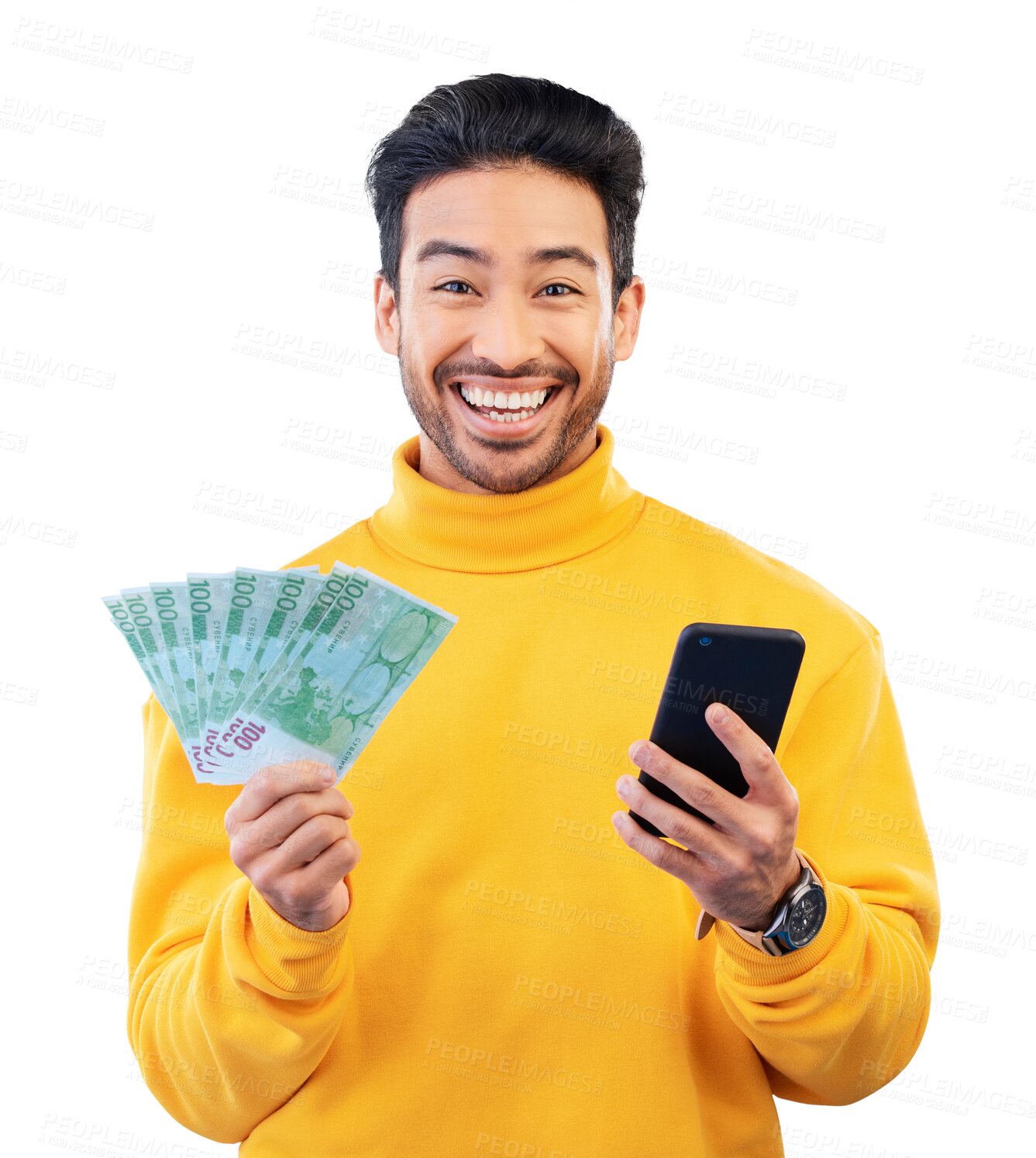 Buy stock photo Man with cash fan, smartphone and bank app with prize, winning and success isolated on png transparent background. Social media giveaway, money and financial freedom, Asian winner happy in portrait