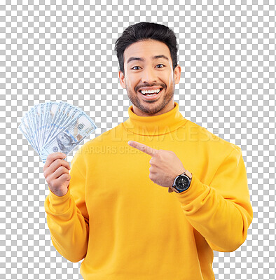 Buy stock photo Cash fan, portrait and man pointing at profit, bonus lottery prize and dollar investment. Money winner, gesture and happy face of person with financial success isolated on transparent png background