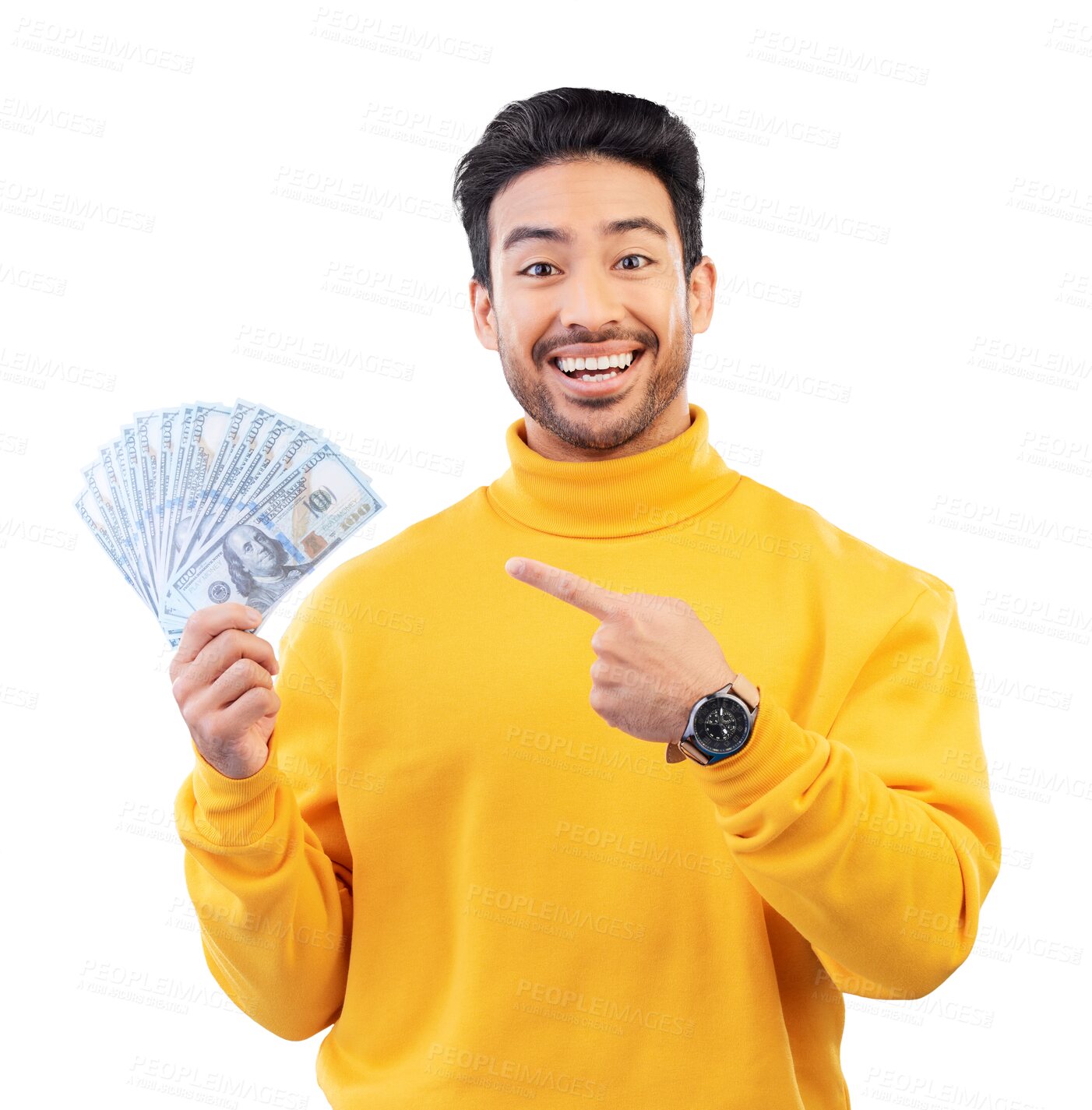 Buy stock photo Cash fan, portrait and man pointing at profit, bonus lottery prize and dollar investment. Money winner, gesture and happy face of person with financial success isolated on transparent png background