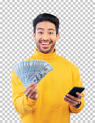 Buy stock photo Cash fan, portrait and happy man on phone for profit, bonus lottery prize and dollar investment. Money winner, mobile and face of person with financial success isolated on transparent png background