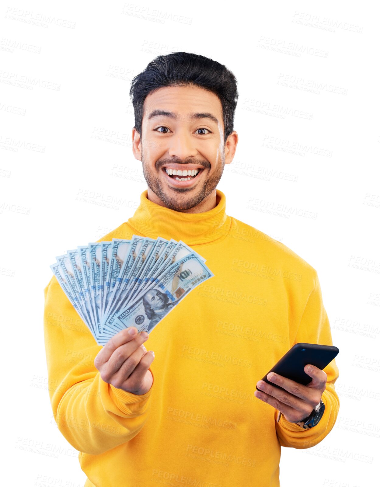 Buy stock photo Cash fan, portrait and happy man on phone for profit, bonus lottery prize and dollar investment. Money winner, mobile and face of person with financial success isolated on transparent png background