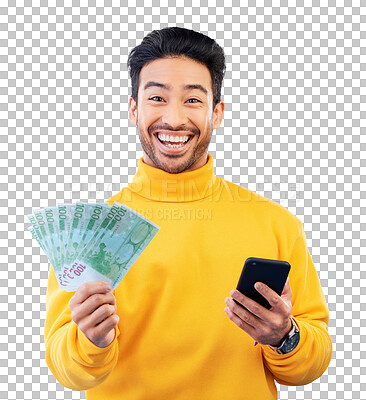 Buy stock photo Money, portrait or happy man with phone or lottery in gambling competition giveaway or cash prize. Euros, financial or excited Asian winner of online success isolated on transparent png background