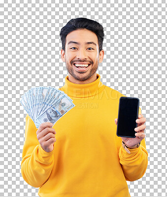 Buy stock photo Cash fan, portrait and man with phone screen for profit, lottery prize or dollar investment. Money winner, mobile or happy face of person with financial success isolated on transparent png background