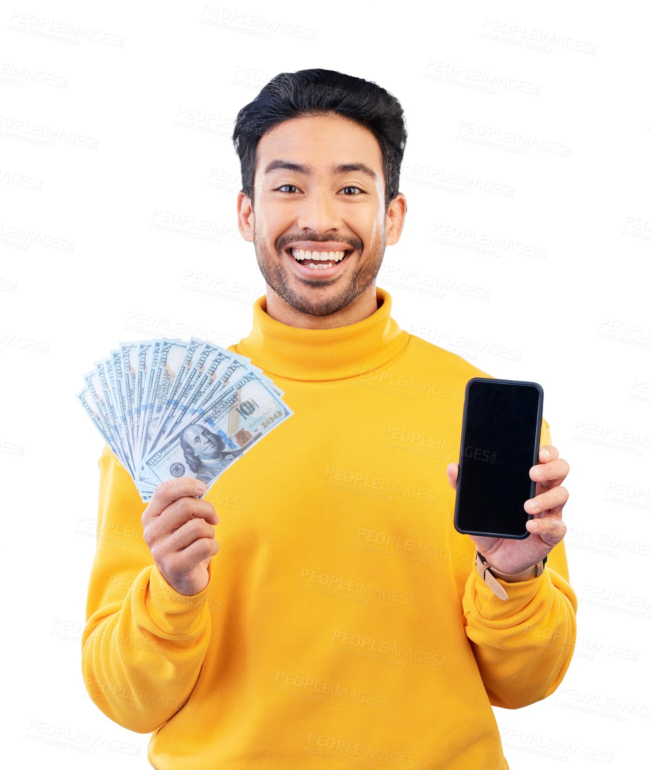 Buy stock photo Cash fan, portrait and man with phone screen for profit, lottery prize or dollar investment. Money winner, mobile or happy face of person with financial success isolated on transparent png background