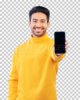 Buy stock photo Phone screen, man with advertising mockup and portrait, mobile app and ads isolated on png transparent background. Social media, smartphone and information on website with marketing and asian person