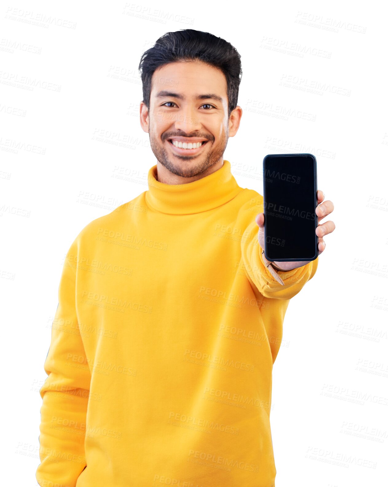 Buy stock photo Phone screen, man with advertising mockup and portrait, mobile app and ads isolated on png transparent background. Social media, smartphone and information on website with marketing and asian person