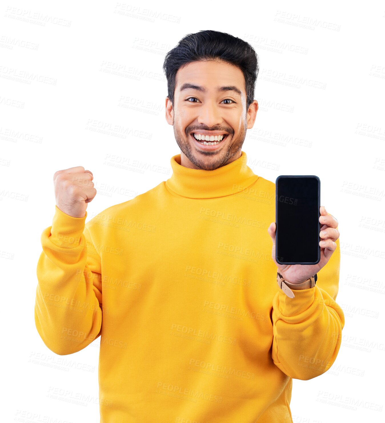 Buy stock photo Happy asian man, portrait and phone in winning, celebration or deal isolated on a transparent PNG background. Male person smile with fist pump for discount, sale or good news on mobile smartphone app