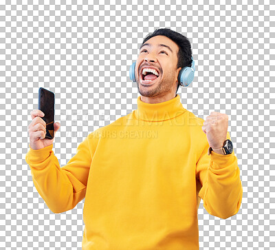 Buy stock photo Man, winner and headphones or phone in success, music subscription and sale or yes for online games. Excited person listening to news on mobile, wow or winning isolated on transparent png background 