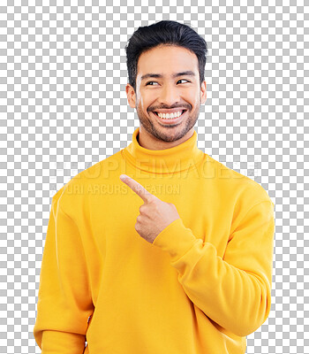 Buy stock photo Pointing, smile and young man with hand for marketing, promotion or advertising gesture. Happy, excited and Indian model with show finger sign for deal isolated by transparent png background.