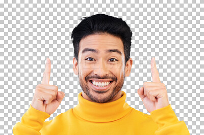 Buy stock photo Pointing, excited and portrait of young man with direction for marketing, promotion or advertising gesture. Happy, smile and Indian model with show finger sign isolated by transparent png background