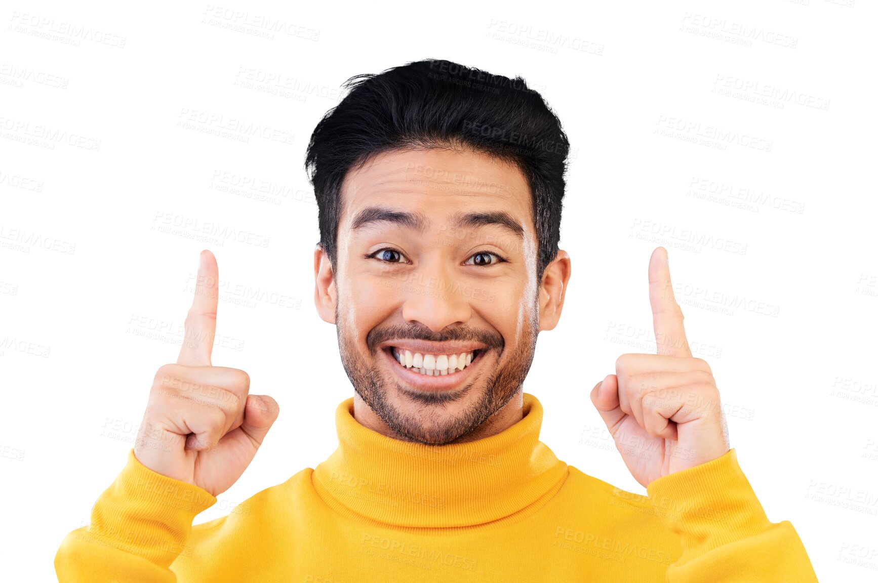 Buy stock photo Pointing, excited and portrait of young man with direction for marketing, promotion or advertising gesture. Happy, smile and Indian model with show finger sign isolated by transparent png background