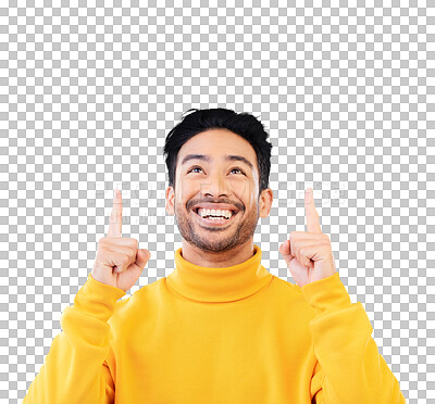 Buy stock photo Pointing, excited and young man by mockup space for marketing, promotion or advertising gesture. Happy, smile and Indian model with show finger sign for deal isolated by transparent png background.