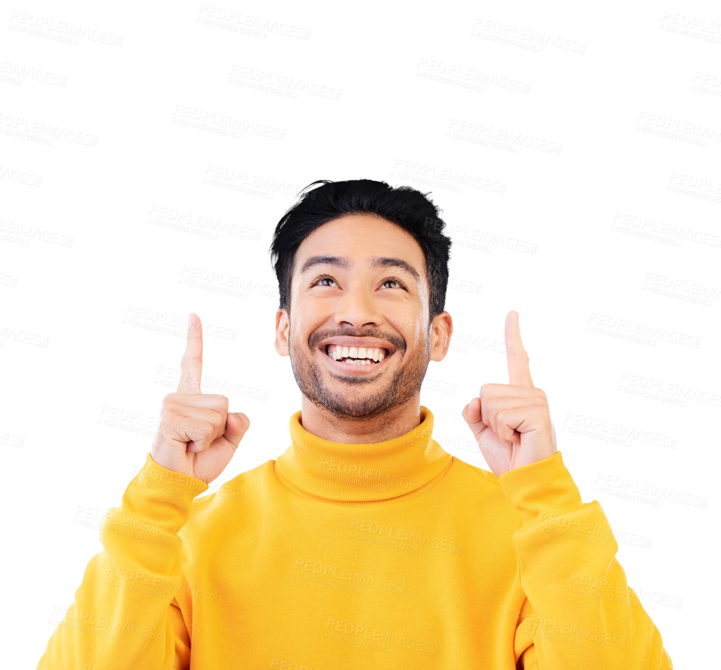 Buy stock photo Pointing, excited and young man by mockup space for marketing, promotion or advertising gesture. Happy, smile and Indian model with show finger sign for deal isolated by transparent png background.