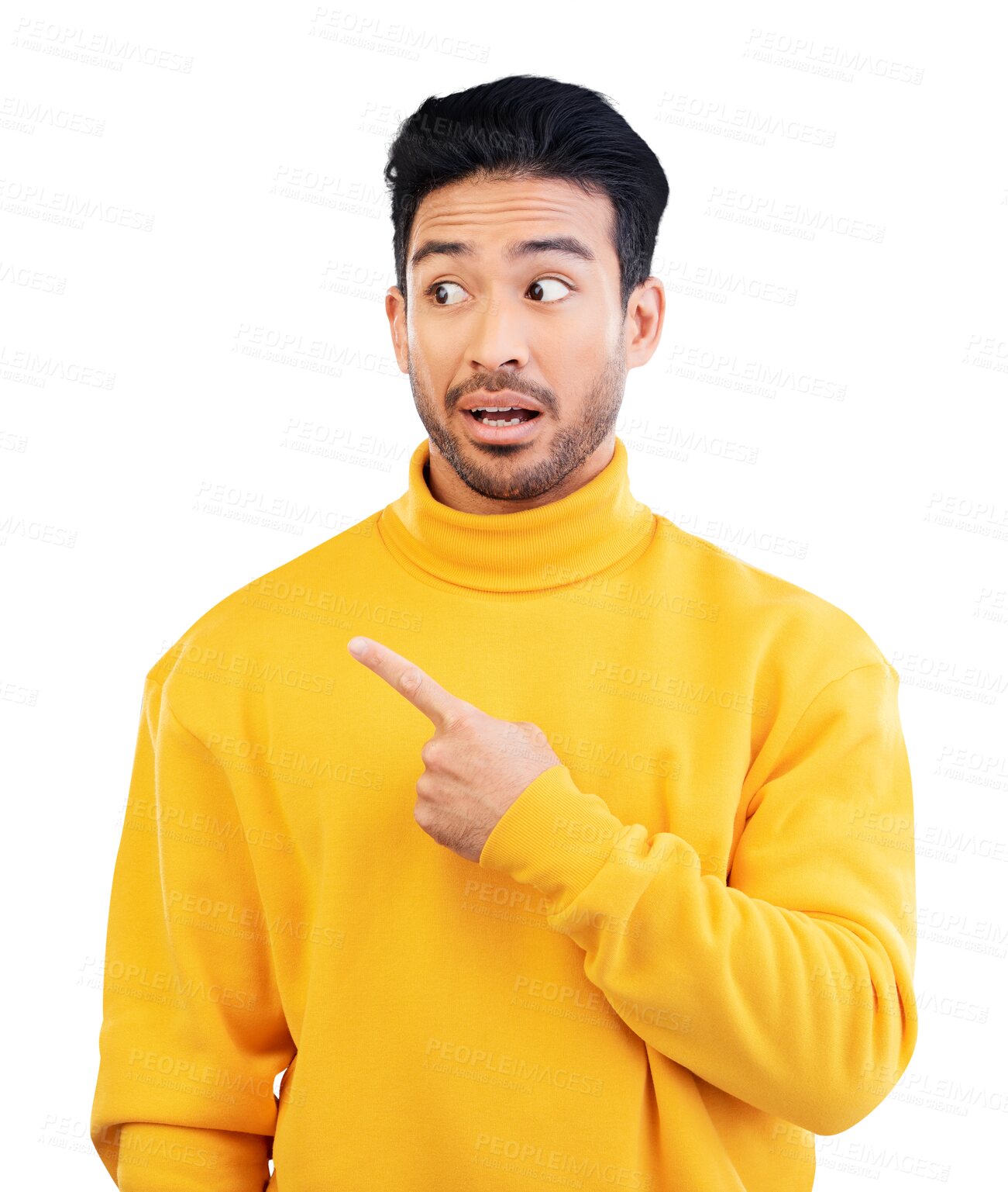 Buy stock photo Pointing, shock or surprise of young man for marketing, promotion or advertising gesture. Weird, finger and Indian male model show hand sign or announcement isolated by transparent png background